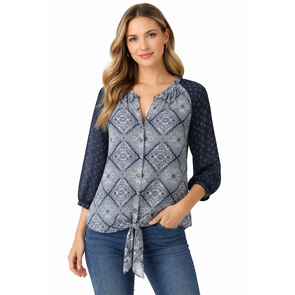 Kut From The Kloth Women's L Sheer Tie Front Blouse Blue Medallion Boho Top